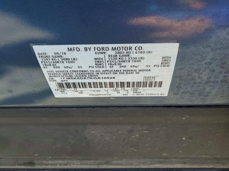 60309036 :رقم المزاد ، 1FM5K8D87KGA10528 vin ، 2019 Ford Explorer مزاد بيع