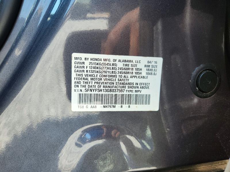 61580876 :رقم المزاد ، 5FNYF5H13GB037597 vin ، 2016 Honda Pilot مزاد بيع