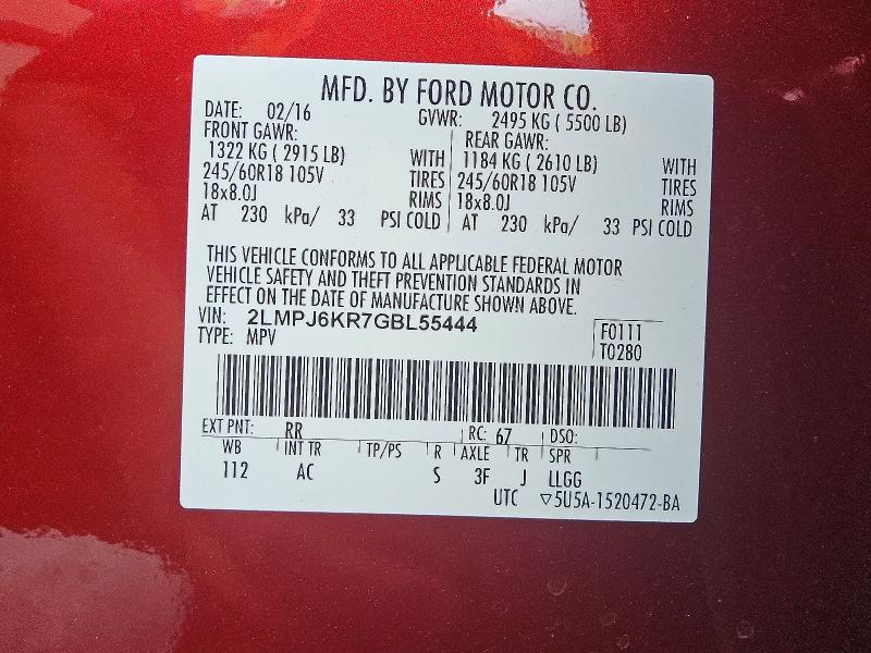 2016 Lincoln Mkx მანქანა იყიდება აუქციონზე, vin: 2LMPJ6KR7GBL55444, აუქციონის ნომერი: 60433606