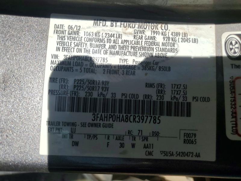 57599956 :رقم المزاد ، 3FAHP0HA8CR397785 vin ، 2012 Ford Fusion مزاد بيع