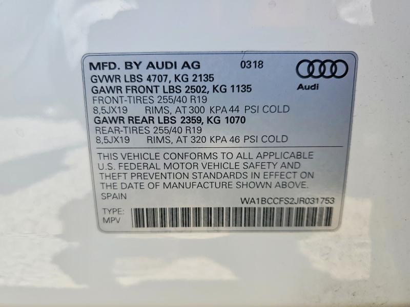 Aukcja sprzedaży 2018 Audi Q3, vin: WA1BCCFS2JR031753, numer aukcji: 63428546