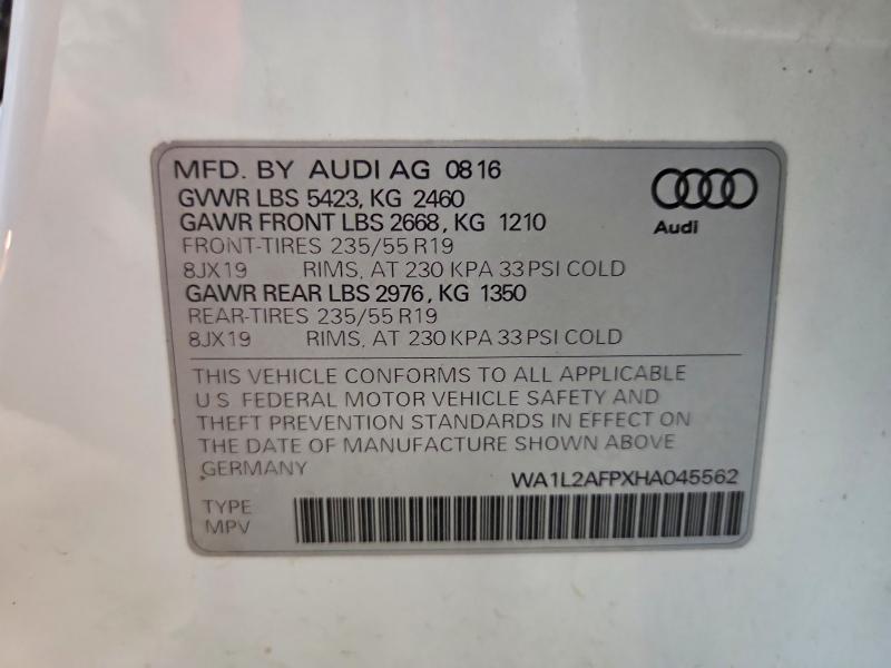 2017 Audi Q5 მანქანა იყიდება აუქციონზე, vin: WA1L2AFPXHA045562, აუქციონის ნომერი: 59992996