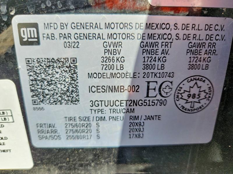 Aukcja sprzedaży 2022 Gmc Sierra, vin: 3GTUUCET2NG515790, numer aukcji: 60647156