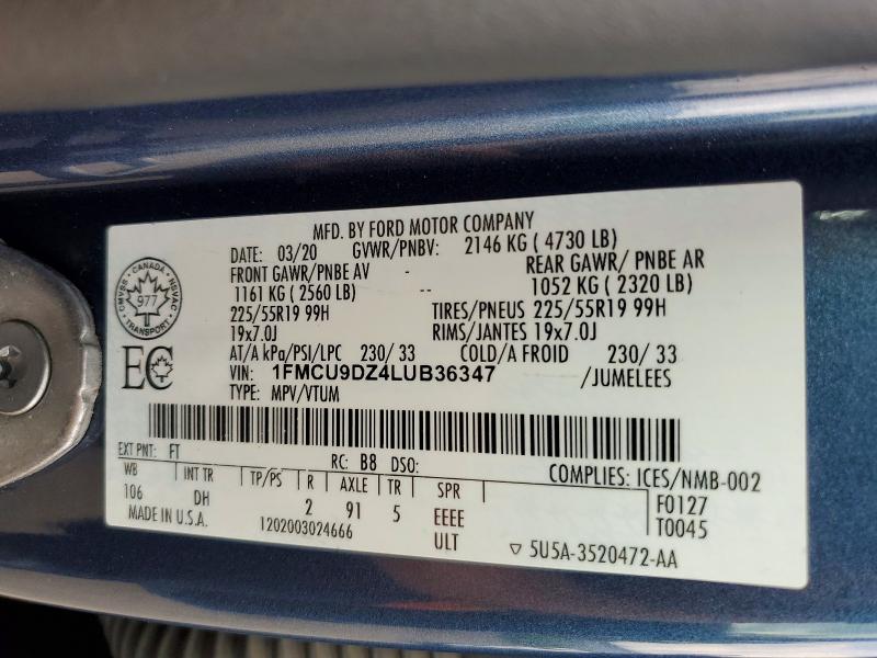 Aukcja sprzedaży 2020 Ford Escape, vin: 1FMCU9DZ4LUB36347, numer aukcji: 59712996