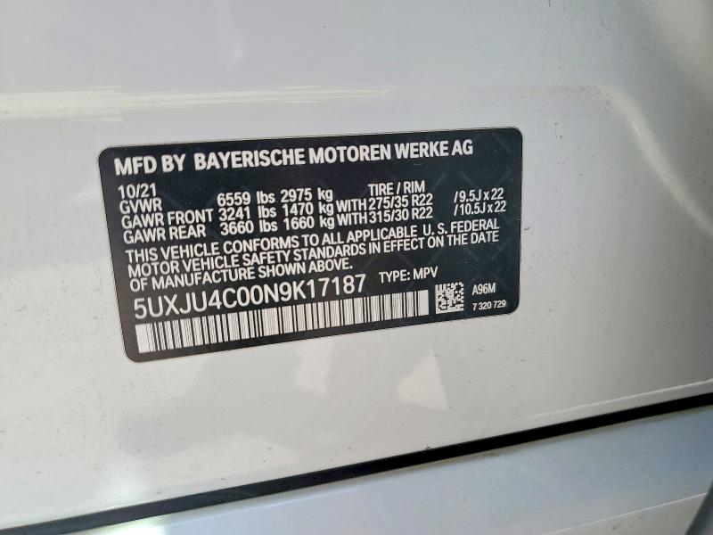 63117286 :رقم المزاد ، 5UXJU4C00N9K17187 vin ، 2022 Bmw X5 مزاد بيع