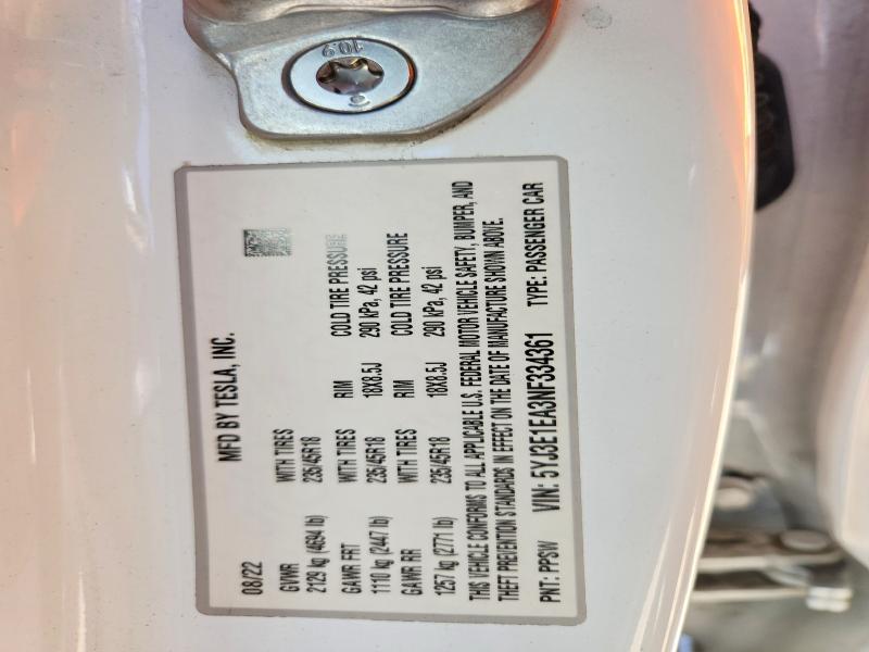 Aukcja sprzedaży 2022 Tesla Model 3, vin: 5YJ3E1EA3NF334361, numer aukcji: 61875236