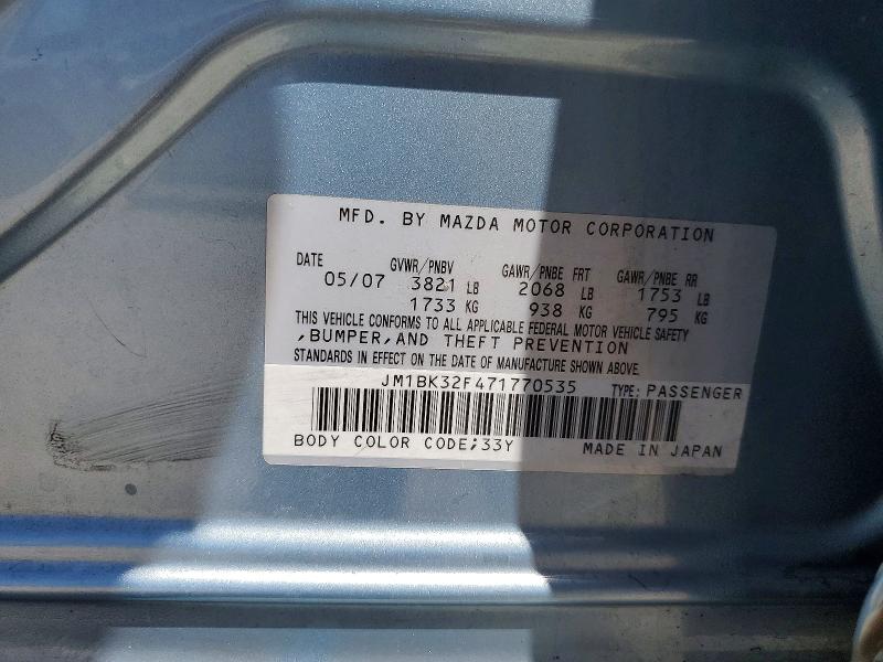 Aukcja sprzedaży 2007 Mazda 3, vin: JM1BK32F471770535, numer aukcji: 60811106