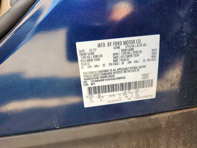 2017 Ford Explorer მანქანა იყიდება აუქციონზე, vin: 1FM5K8FHXHGC08932, აუქციონის ნომერი: 63104136