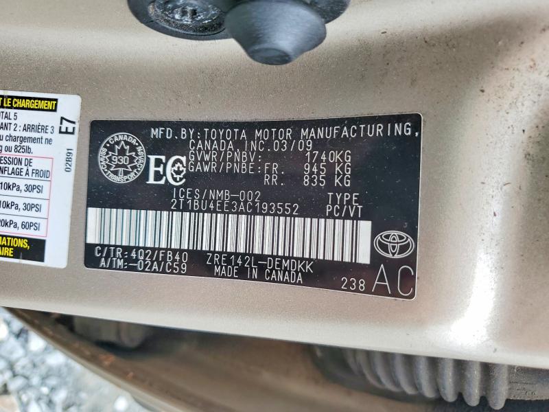 2010 Toyota Corolla მანქანა იყიდება აუქციონზე, vin: 2T1BU4EE3AC193552, აუქციონის ნომერი: 62795786