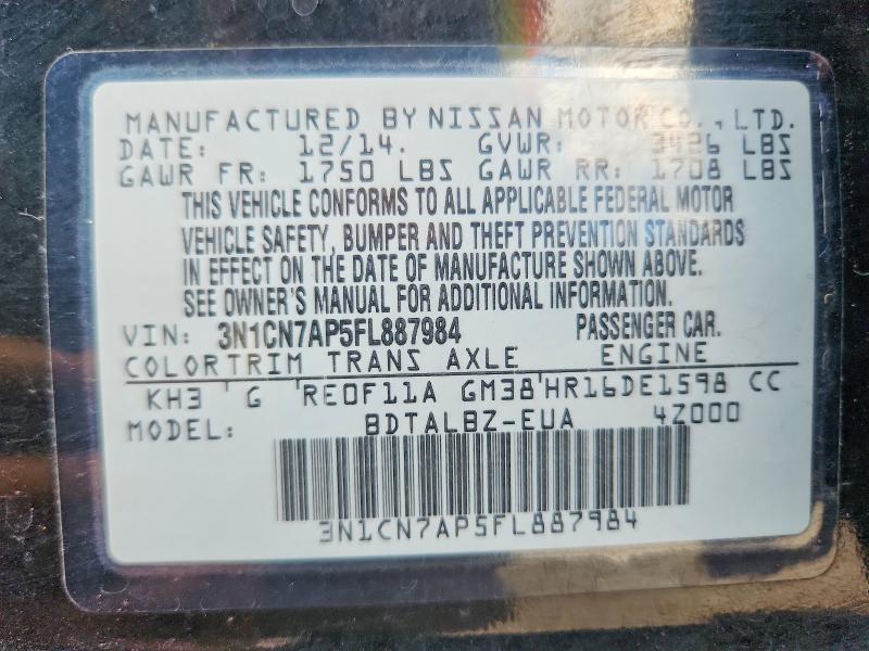 61988036 :رقم المزاد ، 3N1CN7AP5FL887984 vin ، 2015 Nissan Versa مزاد بيع