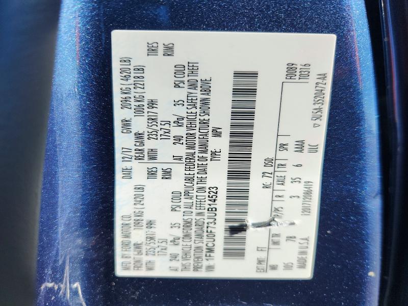 2018 Ford Escape მანქანა იყიდება აუქციონზე, vin: 1FMCU0F73JUB14523, აუქციონის ნომერი: 62645976