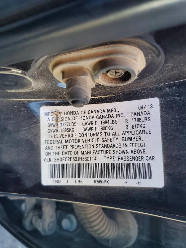 2018 Honda Civic მანქანა იყიდება აუქციონზე, vin: 2HGFC2F59JH560114, აუქციონის ნომერი: 62720566