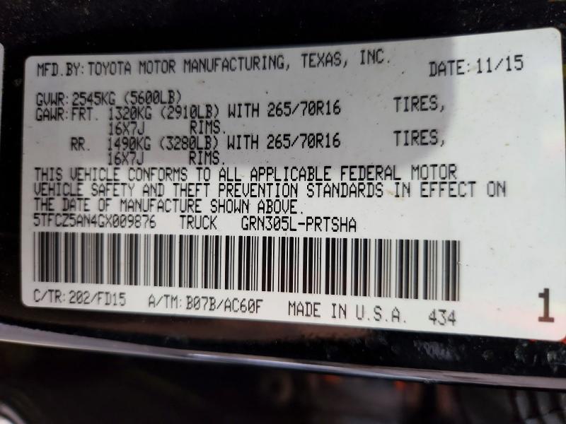 60415396 :رقم المزاد ، 5TFCZ5AN4GX009876 vin ، 2016 Toyota Tacoma مزاد بيع