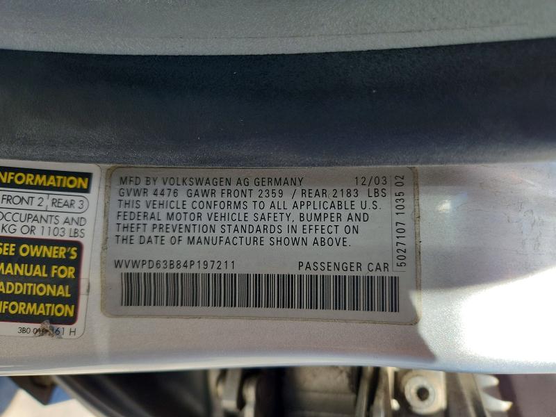 Aukcja sprzedaży 2004 Volkswagen Passat, vin: WVWPD63B84P197211, numer aukcji: 62475766