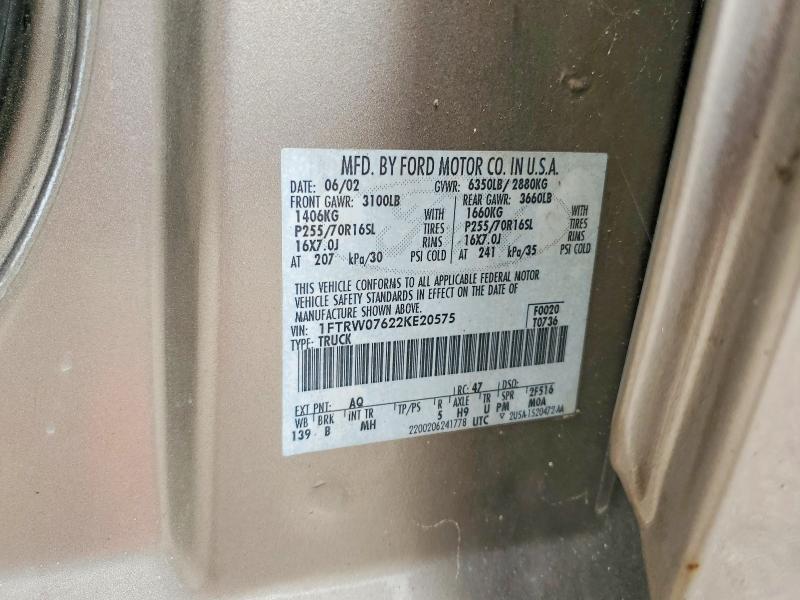 60557436 :رقم المزاد ، 1FTRW07622KE20575 vin ، 2002 Ford F150 مزاد بيع