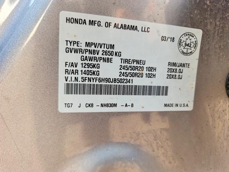 63507136 :رقم المزاد ، 5FNYF6H90JB502341 vin ، 2018 Honda Pilot مزاد بيع