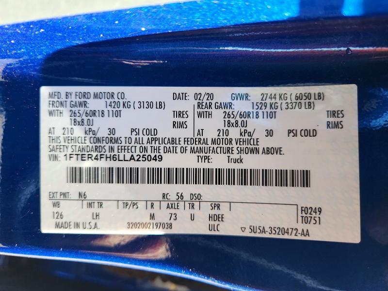 Продажа на аукционе авто 2020 Ford Ranger, vin: 1FTER4FH6LLA25049, номер лота: 60128256