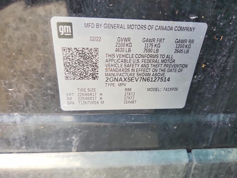 Aukcja sprzedaży 2022 Chevrolet Equinox, vin: 2GNAX5EV7N6127514, numer aukcji: 62385826