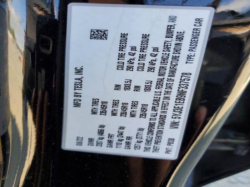 62081926 :رقم المزاد ، 5YJ3E1EB9NF337578 vin ، 2022 Tesla Model 3 مزاد بيع