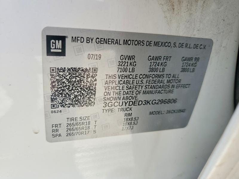 2019 Chevrolet Silverado მანქანა იყიდება აუქციონზე, vin: 3GCUYDED3KG296806, აუქციონის ნომერი: 85771365