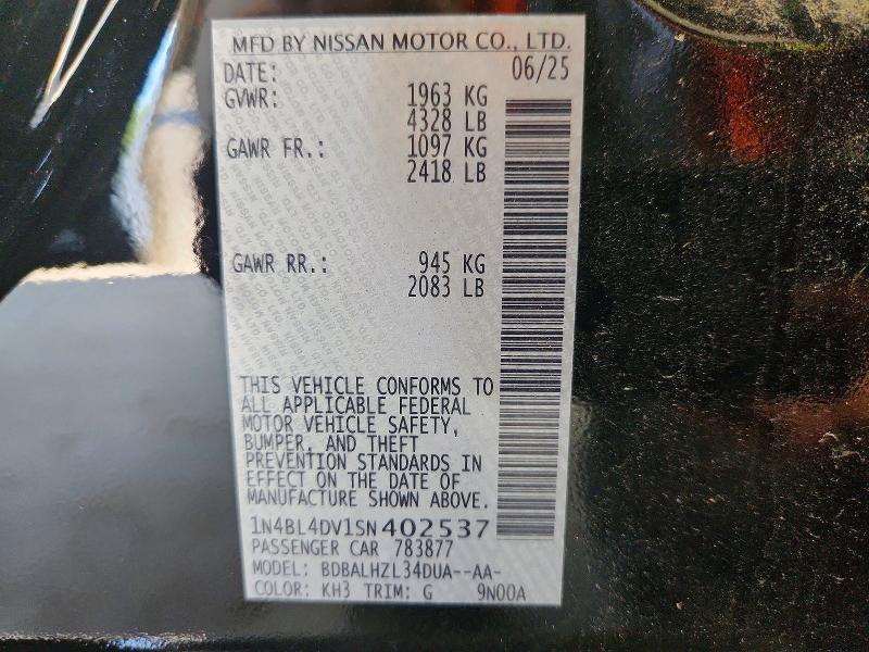 61125086 :رقم المزاد ، 1N4BL4DV1SN402537 vin ، 2025 Nissan Altima مزاد بيع