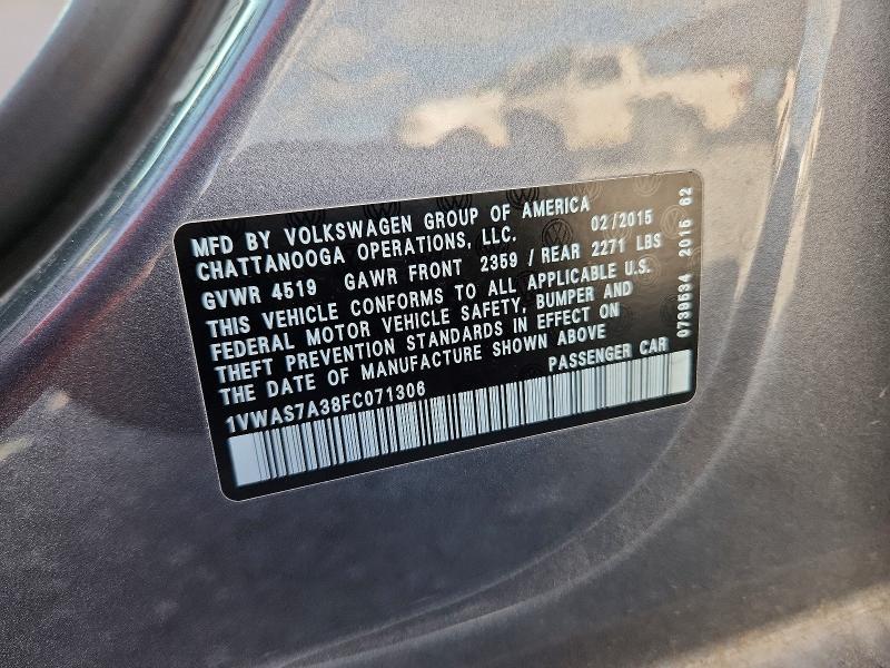 Продажа на аукционе авто 2015 Volkswagen Passat, vin: 1VWAS7A38FC071306, номер лота: 61752906