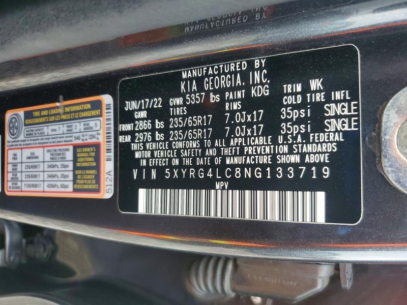 2022 Kia Sorento მანქანა იყიდება აუქციონზე, vin: 5XYRG4LC8NG133719, აუქციონის ნომერი: 61290586