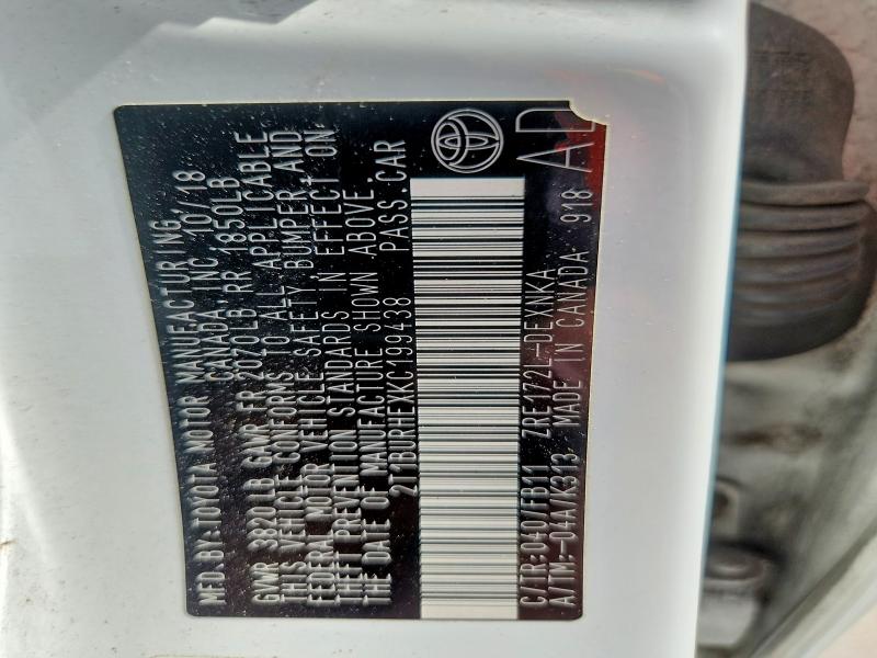 61483396 :رقم المزاد ، 2T1BURHEXKC199438 vin ، 2019 Toyota Corolla مزاد بيع