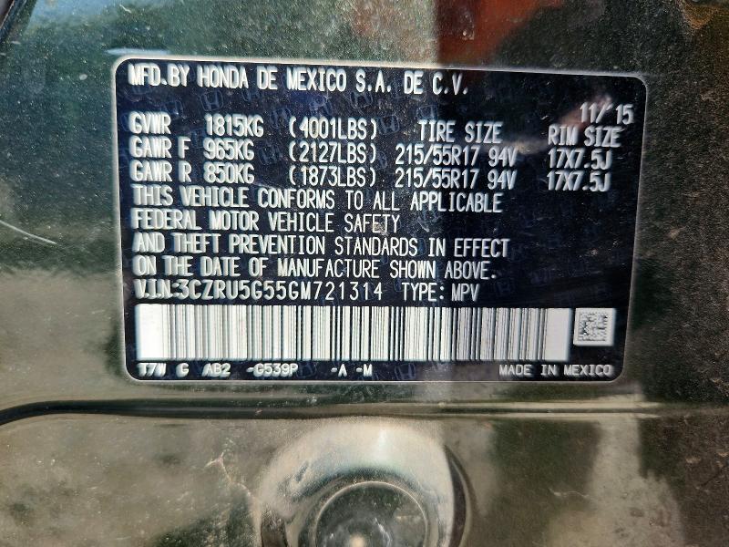 63205286 :رقم المزاد ، 3CZRU5G55GM721314 vin ، 2016 Honda Hr-v مزاد بيع
