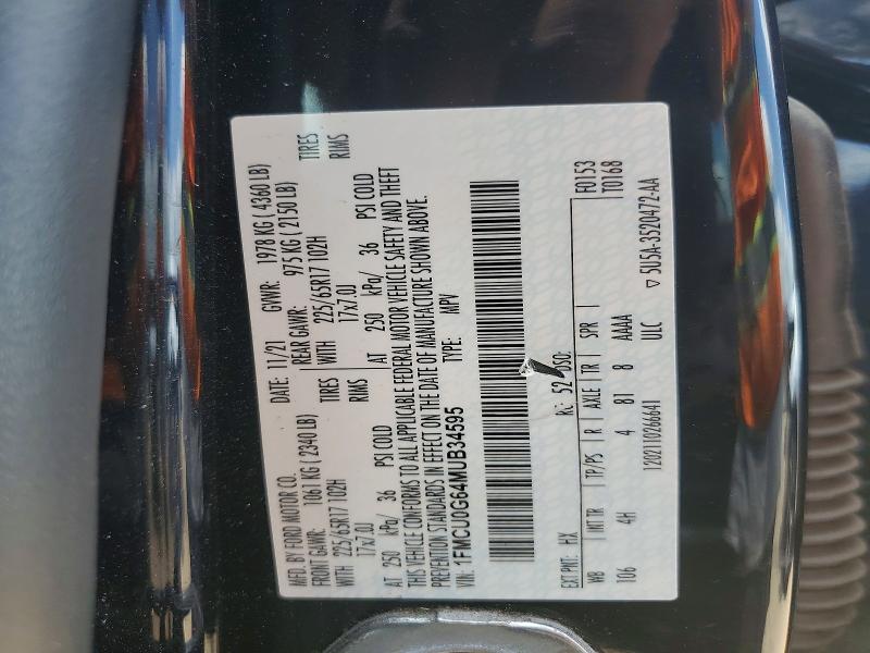 2021 Ford Escape მანქანა იყიდება აუქციონზე, vin: 1FMCU0G64MUB34595, აუქციონის ნომერი: 60706076