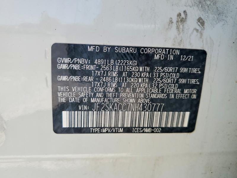 61884416 :رقم المزاد ، JF2SKACC7NH430777 vin ، 2022 Subaru Forester مزاد بيع