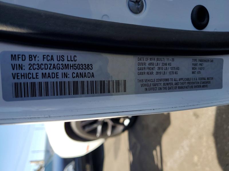 Продажа на аукционе авто 2021 Dodge Challenger, vin: 2C3CDZAG3MH503383, номер лота: 60487876