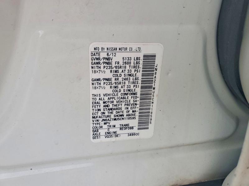 2012 Nissan Murano მანქანა იყიდება აუქციონზე, vin: JN8AZ1MU5CW118595, აუქციონის ნომერი: 61237586