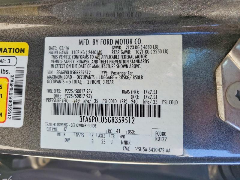 61785256 :رقم المزاد ، 3FA6P0LU5GR359512 vin ، 2016 Ford Fusion مزاد بيع