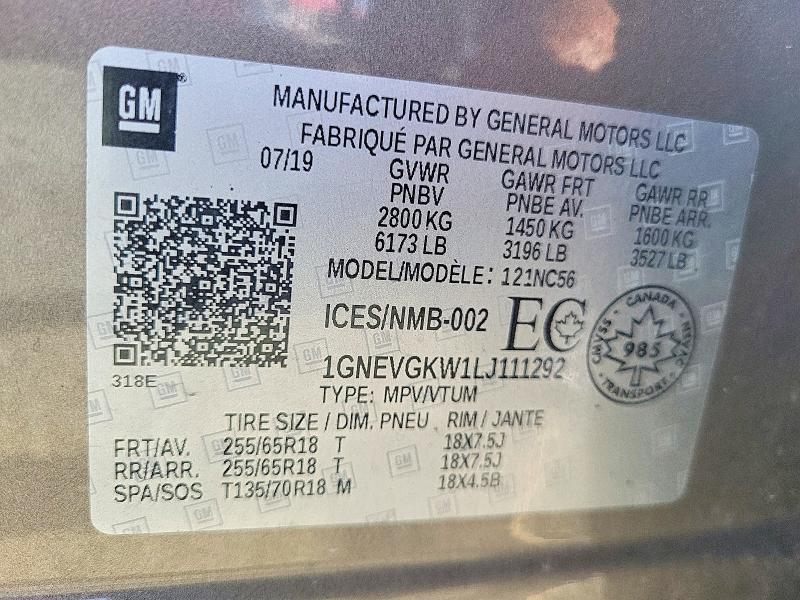 Aukcja sprzedaży 2020 Chevrolet Traverse, vin: 1GNEVGKW1LJ111292, numer aukcji: 61484246
