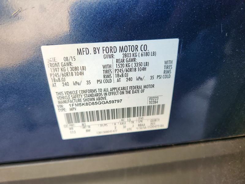 59386886 :رقم المزاد ، 1FM5K8D85GGA59797 vin ، 2016 Ford Explorer مزاد بيع