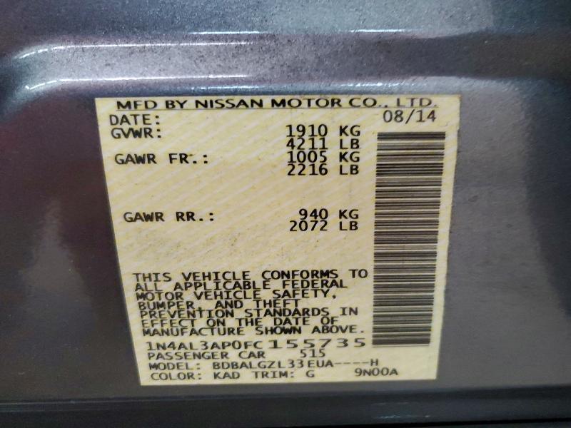 Продажа на аукционе авто 2015 Nissan Altima, vin: 1N4AL3AP0FC155735, номер лота: 62134766