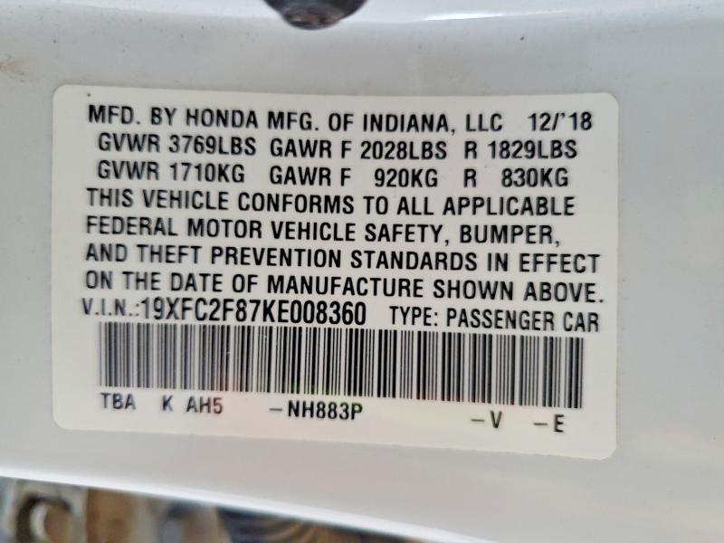 Aukcja sprzedaży 2019 Honda Civic, vin: 19XFC2F87KE008360, numer aukcji: 57709736