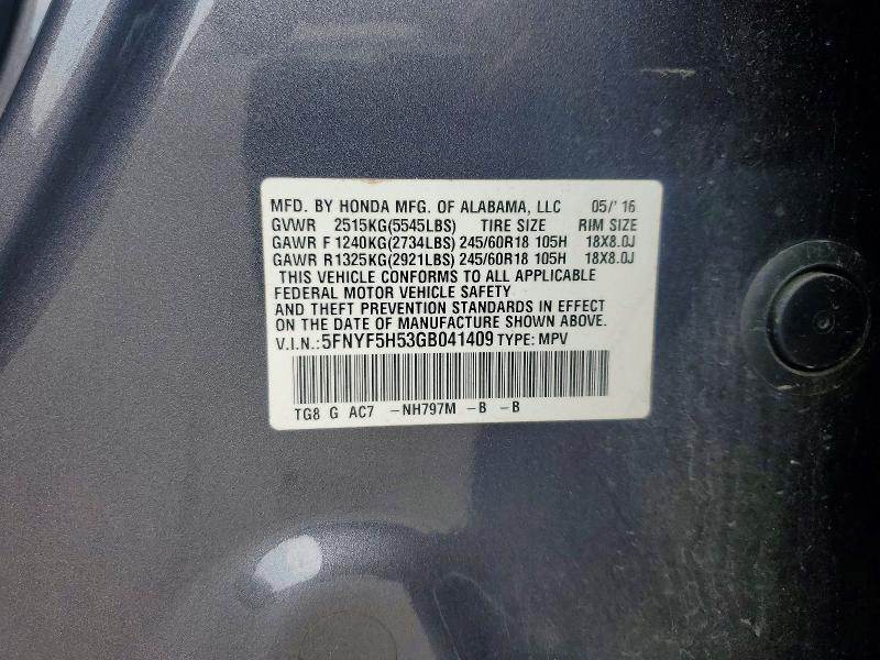 Продаж на аукціоні авто 2016 Honda Pilot, vin: 5FNYF5H53GB041409, номер лоту: 59834006