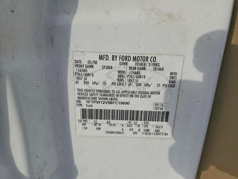 2008 Ford F150 მანქანა იყიდება აუქციონზე, vin: 1FTPW12V98FC19690, აუქციონის ნომერი: 60201436
