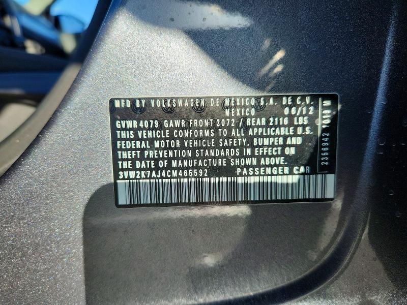 2012 Volkswagen Jetta მანქანა იყიდება აუქციონზე, vin: 3VW2K7AJ4CM465592, აუქციონის ნომერი: 62494946