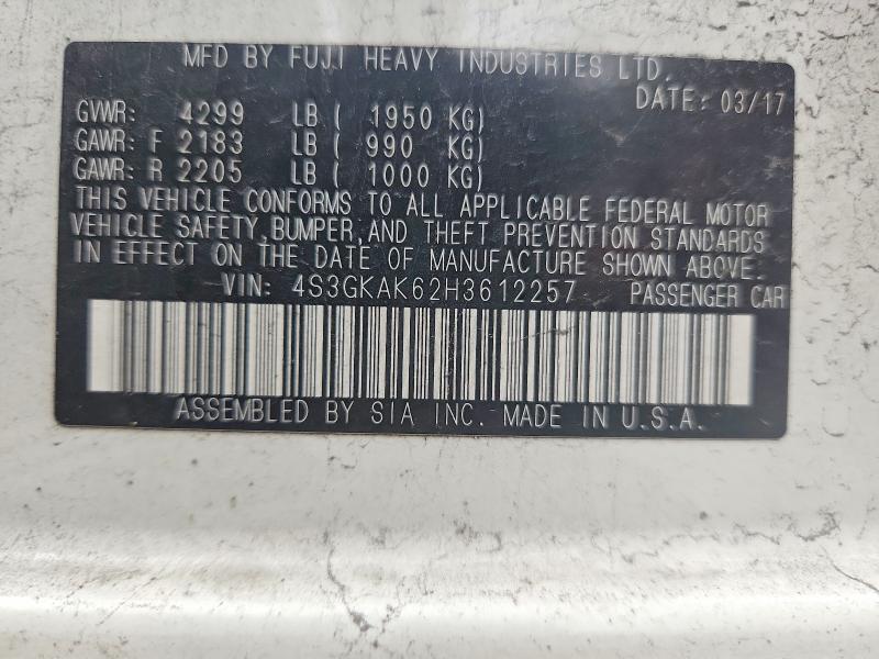 61901616 :رقم المزاد ، 4S3GKAK62H3612257 vin ، 2017 Subaru Impreza مزاد بيع