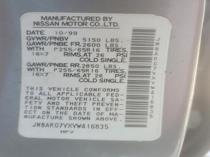 2000 Nissan Pathfinder მანქანა იყიდება აუქციონზე, vin: JN8AR07YXYW416835, აუქციონის ნომერი: 61390446