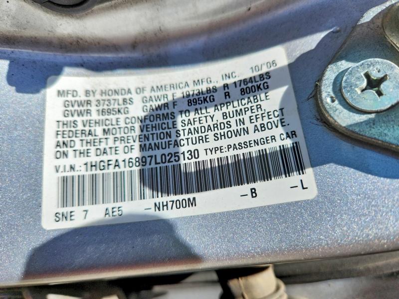 61245816 :رقم المزاد ، 1HGFA16897L025130 vin ، 2007 Honda Civic مزاد بيع