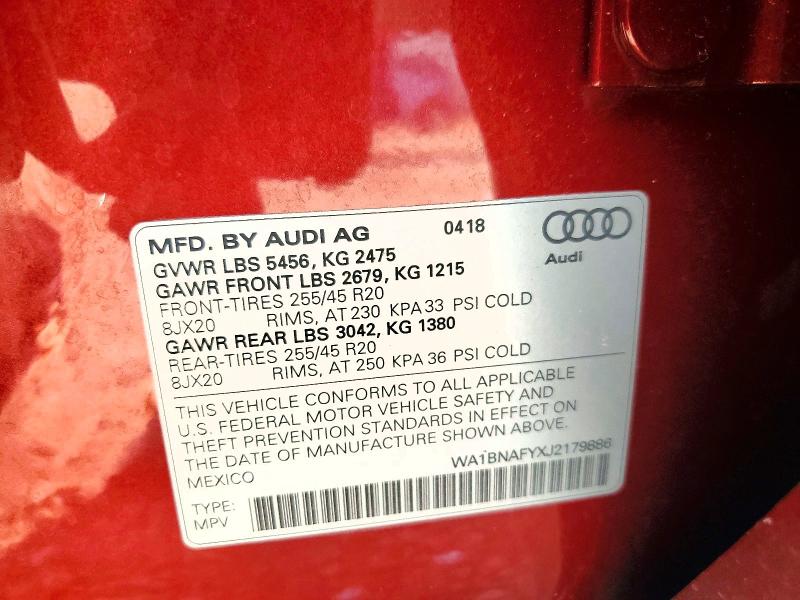 2018 Audi Q5 მანქანა იყიდება აუქციონზე, vin: WA1BNAFYXJ2179886, აუქციონის ნომერი: 59374126
