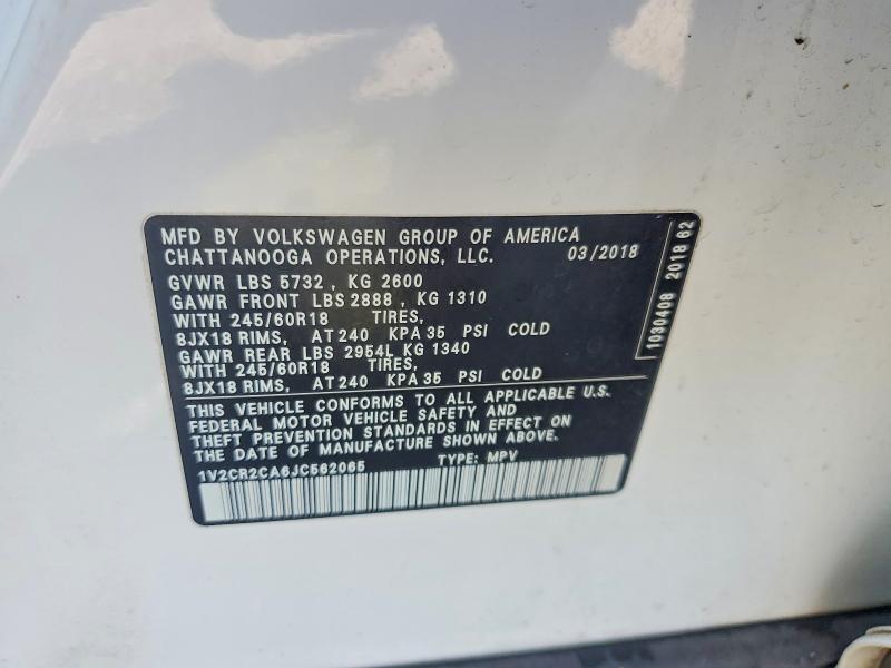 59795536 :رقم المزاد ، 1V2CR2CA6JC562065 vin ، 2018 Volkswagen Atlas مزاد بيع