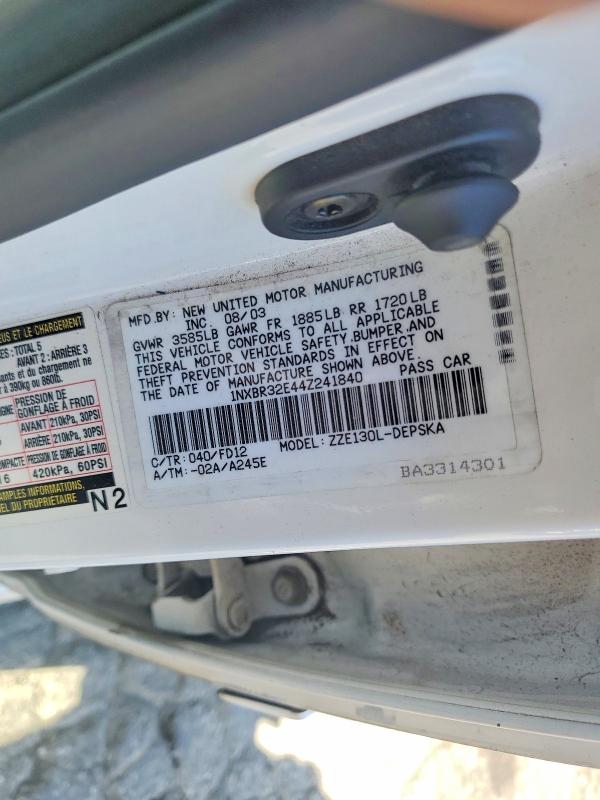 60696996 :رقم المزاد ، 1NXBR32E44Z241840 vin ، 2004 Toyota Corolla مزاد بيع