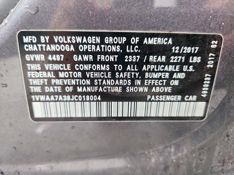 Aukcja sprzedaży 2018 Volkswagen Passat, vin: 1VWAA7A38JC018004, numer aukcji: 61342496