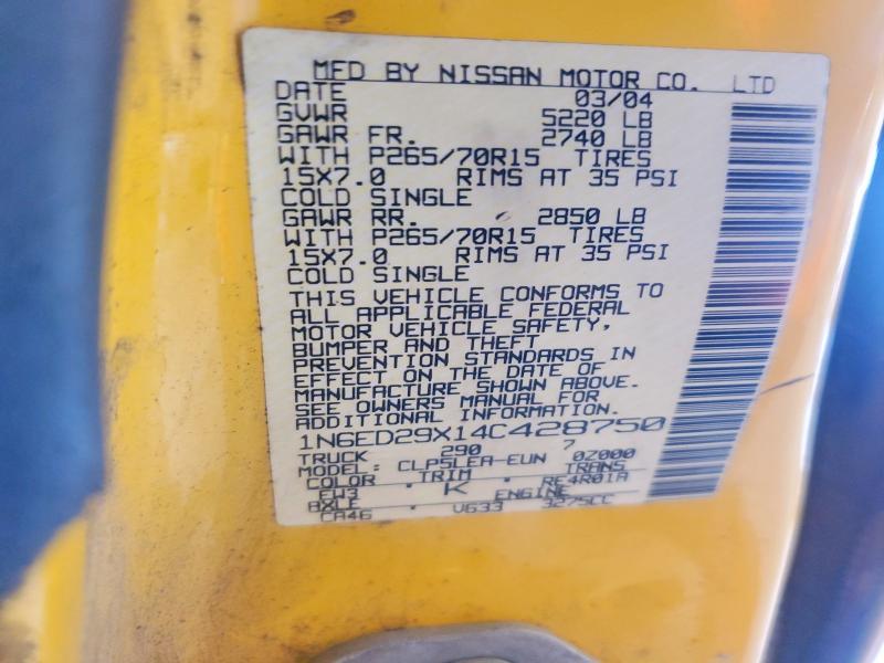 2004 Nissan Frontier მანქანა იყიდება აუქციონზე, vin: 1N6ED29X14C428750, აუქციონის ნომერი: 59775096