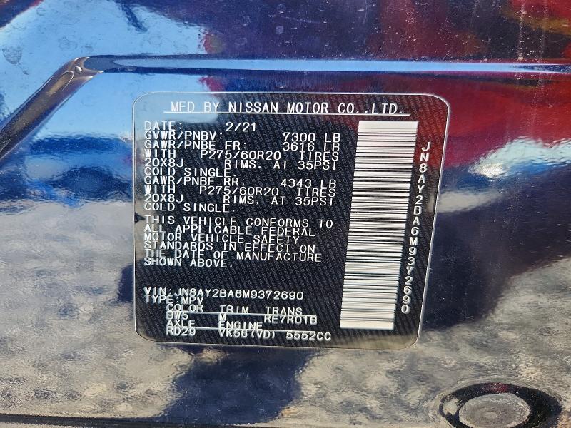 2021 Nissan Armada მანქანა იყიდება აუქციონზე, vin: JN8AY2BA6M9372690, აუქციონის ნომერი: 61319516